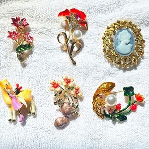 All New-Elegant Floral, Animals, and Cameo Brooch Set